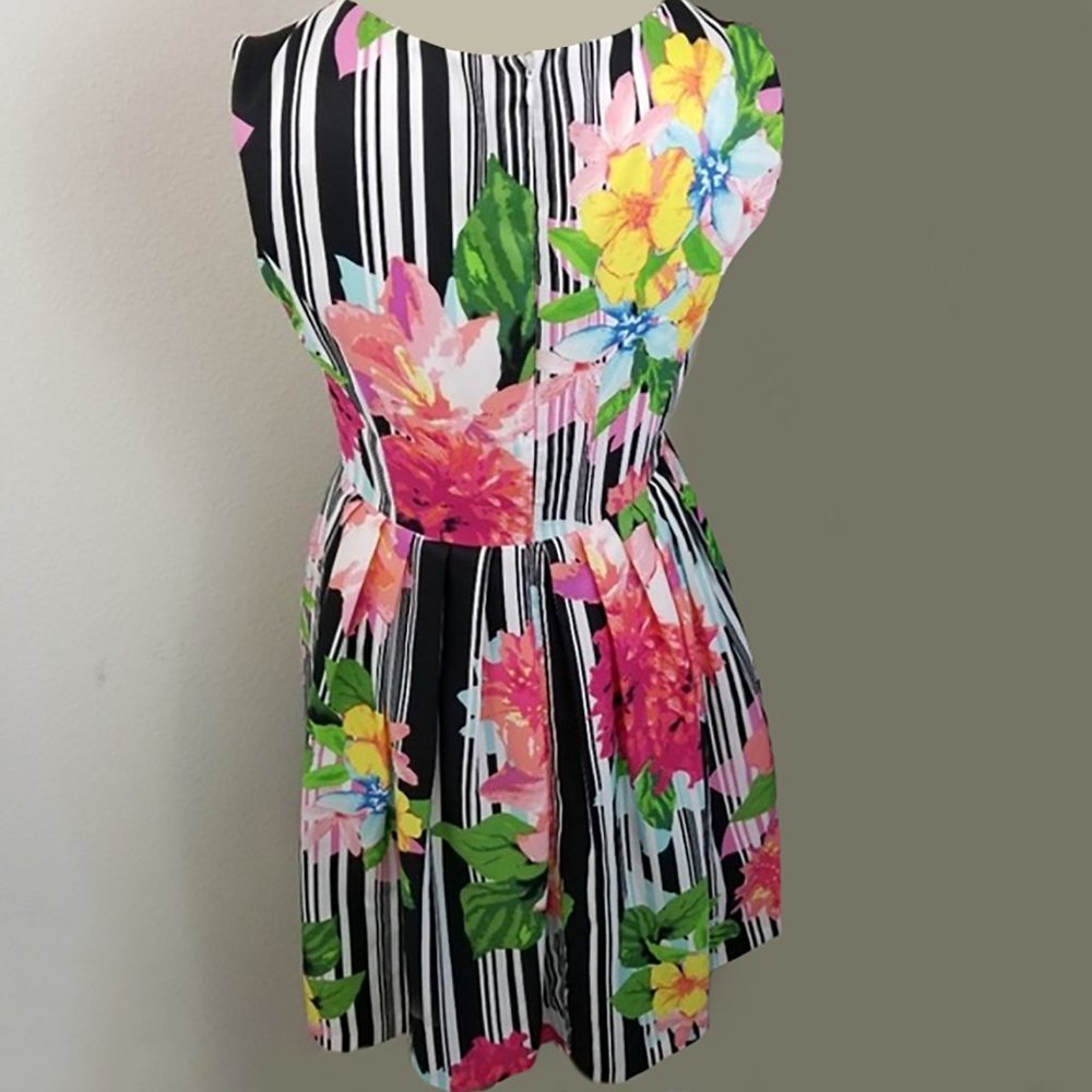 ELLEN TRACY 2 XS Floral Dress Stripe Fit Flare Keyhole Midi 50s Retro 4 S 1950s - Picture 8 of 14